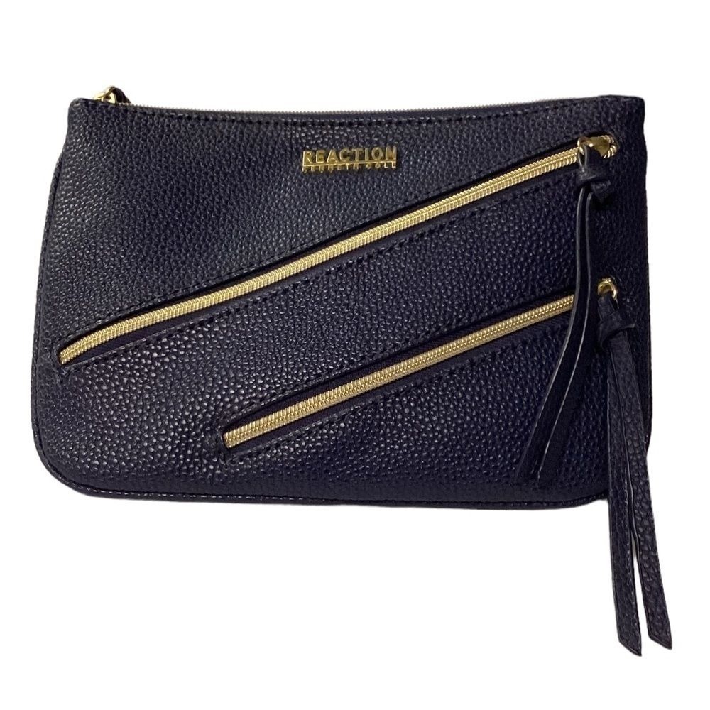 Reaction by Kenneth Cole blue pebble‎ leather clutch 3 zipper
